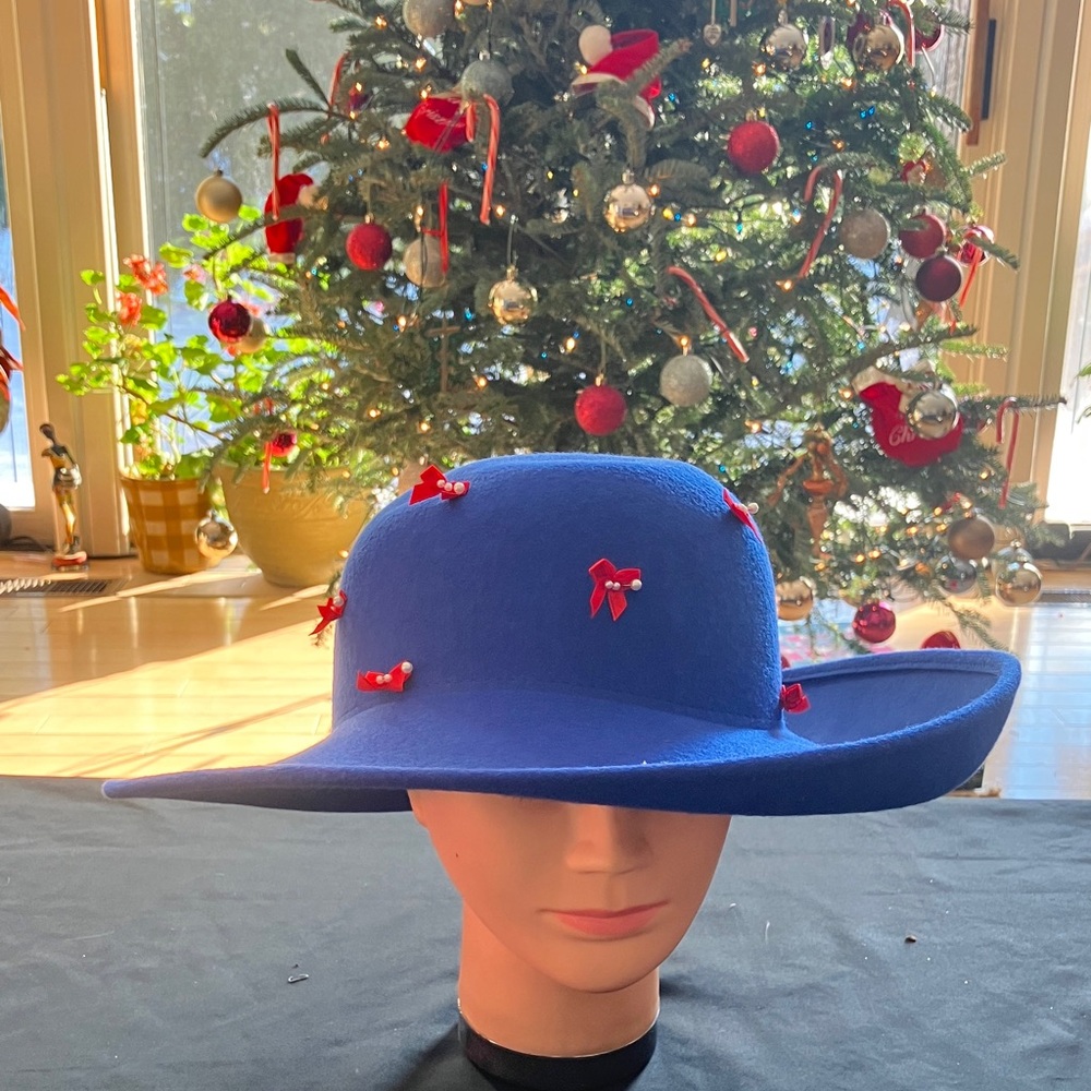 Chic Royal Blue Hat with Red Bow Accents